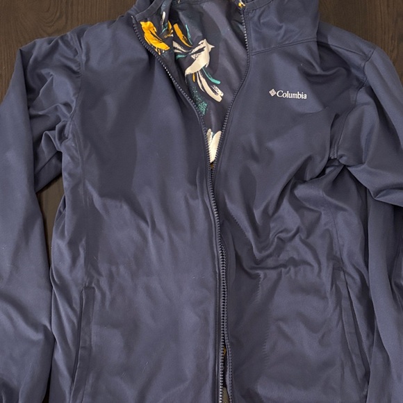 REVERSIBLE Columbia Navy Jacket with Yellow and Teal Floral Pattern - Picture 2 of 2
